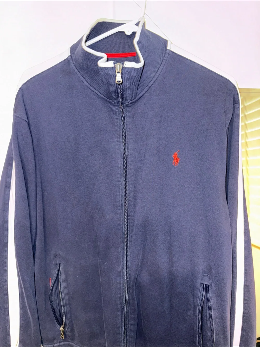 Polo by Ralph Lauren Navy Zip-Up Track Jacket with White Stripes and Red Pony